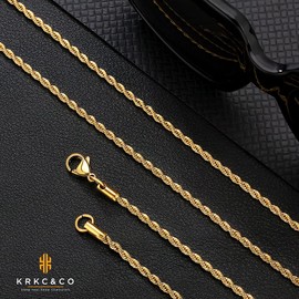 KRKC & CO French Rope Chain, Eggs Chain, 0.1 inch (2/2.5/4/6 mm) Wide Mens Chain Necklace Stainless Steel Gold Plated Necklace Chain Only Hawaiian Jewelry Simple Unisex Accessories, Stainless Steel,