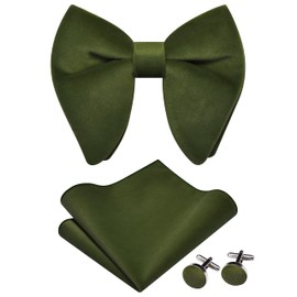 GUSLESON Over Size Olive Green Bow Ties For Men Velvet Pre-tied Big Bowtie and Pocket Square Cufflinks Sets Adult Gifts (0571-32)
