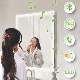 Homewerks LED Bathroom Mirror with Bluetooth Speakers, Frameless Rectangular Wall Mounted Horizontal or Vertical Vanity, Dimmable Bright White 6400K Temperature