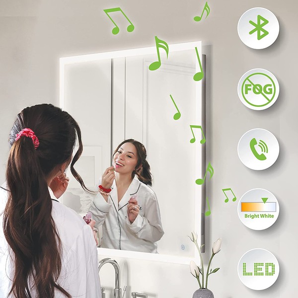 Homewerks LED Bathroom Mirror with Bluetooth Speakers, Frameless Rectangular Wall Mounted Horizontal or Vertical Vanity, Dimmable Bright White 6400K Temperature