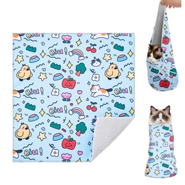 Cat Wrap Grooming for Cutting Nails, 27.5 * 27.5in Cats Restraint for Nail Clipping Ear Cleaning Teeth Brushing Self-Adherent Cat Grooming Supplies Anti-Scratch/Escape Swaddle Restraint Bag (Blue)