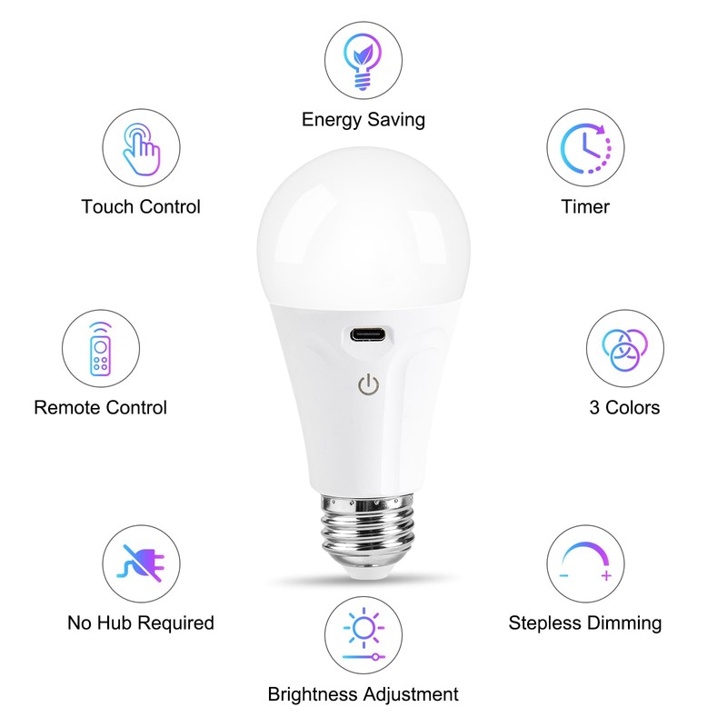 Powfloven E26 Rechargeable Light Bulbs with Remote and USB Charging,