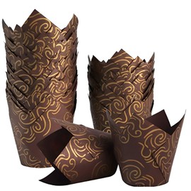 YoCosii 200Pcs Tulip Cupcake Liner Baking Cup-for Weddings, Birthdays, Baby Showers, Brown-Gold Wire, brown-gold pattern-200