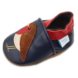 Dotty Fish Soft Leather Infant Shoes Unisex pre-Walkers. Red Robin on Navy Blue Shoe. 2-3 Years