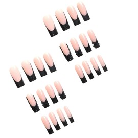 FORBELOVED NAILS|French Tip-Black Glitter Press On Nails|Long Square Stick On Nails|Glossy Full Covered Gems,Black Flower Bow False Nails For Women And Girls|12Sizes-24Pcs with Glue|(Nude-LS)|FOB