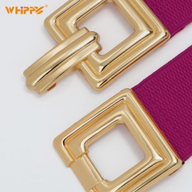 WHIPPY Women Wide Elastic Waist Belt Fashion Hollow Out Square Gold Buckle Stretchy Belt Waistband for Ladies, Rose Red, XL