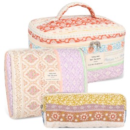 Anfly 3PCS Quilted Makeup Bag, Cotton Makeup Bag Set, Cute Color Clash Quilted Cosmetic Bag for Women, Large Travel Cosmetic Organizer, Makeup Organize
