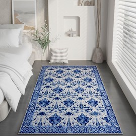 Oriental Accent Vintage Blue Porcelain 3x5 Area Rug - Faux Wool Floral Print Rug, Retro Accent Washable Low Pile Rug, Foldable Non-Slip Non-Shedding Carpet, Decor Gift