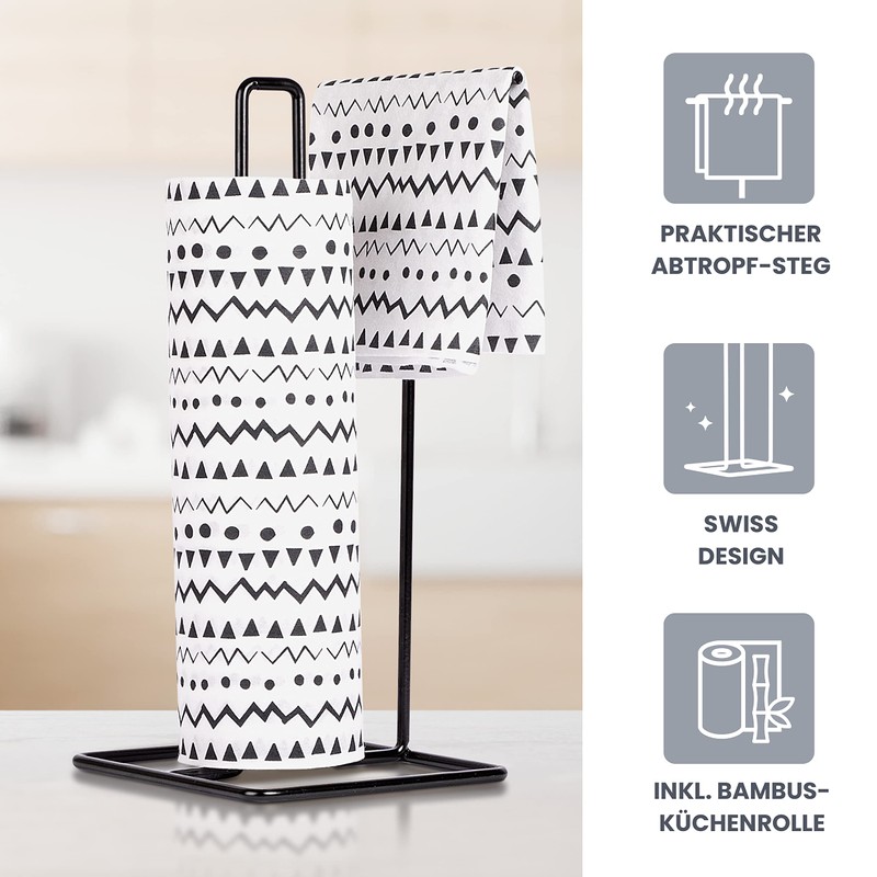Kitchen Roll Holder Black with Kitchen Roll Washable Reusable Bamboo