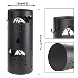 DIBALIYI Umbrella Stand, Metal Umbrella Holder for Entryway, Black Round Umbrella Organizer Bin with 2 Hooks, Free Standing Umbrella Rack for Home Office Hotel Indoor and Supermarket, 16 x 6 Inch