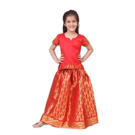 BownBee Traditional Silk lehanga Choli South Indian Pavadai - Half Sleeves - Pavda Pattu Choli for Baby Girls & Kids (1-2 Years) Red