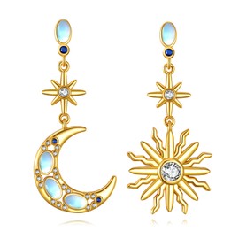 VONALA Sun Moon Stars Earrings Moonstone Sterling Silver Asymmetric Celestial Drop Dangle Earrings Jewelry for Women