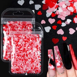 Valentine's Day Heart Nail Art Glitter Sequins for Acrylic Nails Design, Holographic Sparkles Red Pink Sweet Love Heart Flakes Nail Decals for Women DIY Manicures Salon Accessories Decorations