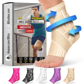 BLITZU Ankle Brace for Women, Men, Plantar Fasciitis Relief, Achilles Tendonitis Brace for Sprained Foot, Ankle Compression Sleeve with Strap Nude L