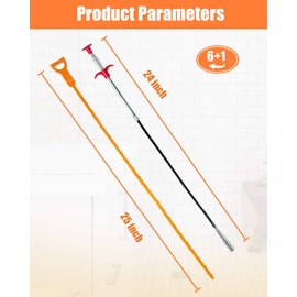 LONGGUI 25inch Hair Drain Clog Remover Tool(6pcs), 24inch Drain Cleaner Sticks To Drain Hair Clog For Remover (1pcs), Drain Hair Remover Tool For Sewer, Toilet, Kitchen Sink, Bathroom Tub,(6+1)