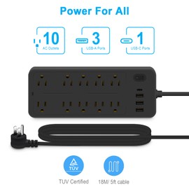10FT-Power Strip Power Bar, Muti-Outlets Ports Desktop Charging Station, Flat Plug Overload Surge Protection Outlet Strip, USB Ports, Extension Cord, Wall Mount, Night Light Station,for Home,Office