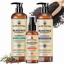 Organic Rosemary Black Rice Water Shampoo Conditioner Set for Hair Growth, Rice Water Spray, w/Rosemary Water, Biotin, Caffeine, Routine Shampoo for Women Men Hair Loss Thickening, Longer