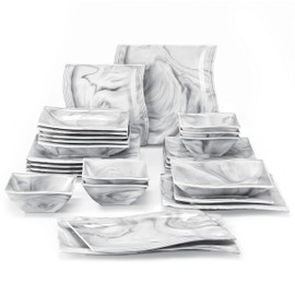 MALACASA Square Dinnerware Sets, 26-Piece Marble Grey Plates and Bowls Sets, Porcelain Dinner Set Microwave Safe, Kitchen Dinnerware Plates Set, Dishes and Bowls, Service for 6, Series Flora
