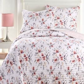 Levtex Home - Adeline Quilt Set - Full/Queen Quilt and Two Standard Shams - Floral - Blush Pink and Grey - Quilt (86x86in.) and Shams (20x26in.) - Reversible - Polyester