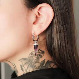 PUNKYOUTH Punk Goth Crystal Spike Hoop Earrings – 925 Silver Post 18G (1 mm) Statement Dangle Accessory, Opalite or Amethyst Stone Drop, Witchy Halloween Alternative Concert Gift for Women Men