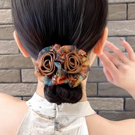 AsggBah 3pcs Upscale Hair Scrunchy with Vintage Duel-flowers Decorated Elastic Hair Bands Hair Ties Hair Accessory for Girls Women