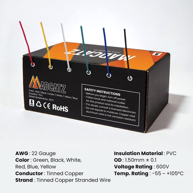 22 AWG MADCATZ Stranded Wires, 6 Colors Electrical Wire Cable