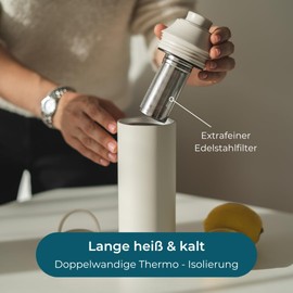 Doli Thermo Tea Bottle 600 ml Black - with Tea Strainer - Double-Walled Stainless Steel - Leak-Proof - for Hot and Cold Drinks - Completely Leak-proof - BPA-Free