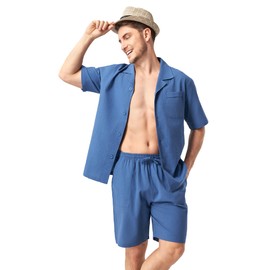 DAVID ARCHY Men’s Pajamas Set – 100% Cotton cotton Pajamas for Men Summer Short Sleeve Lightweight Lounge PJs with Pockets (Large, Navy Blue)