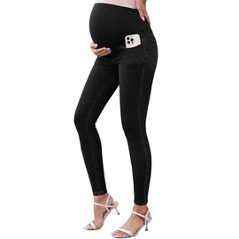 OUGES Womens 2025 Maternity Black Jeans Over Belly Skinny Stretchy Mom Jeans Denim Comfy High Rise Jeggings Pregnancy Pants with Pockets Summer Maternity Clothes Leggings(Black,S)