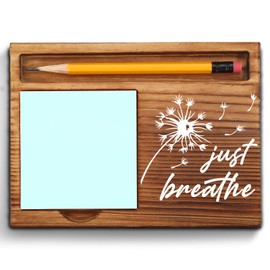 Just Breathe Sticky Note Holder, Mindfulness Desk Gift for Women, Teens, Coworkers, Relaxing Wooden Office Decor with Dandelion Design, Inspirational Self Care Note Pad Holder ZSS89