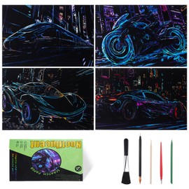 Gersoniel 4pcs Scratch Painting Kits Glow in The Dark Scratch Art Rainbow Painting Paper with Pen & Cleaning Brush Noctilucent Scratchboard for Teens Adults Gift, Racing Theme, Father's Day