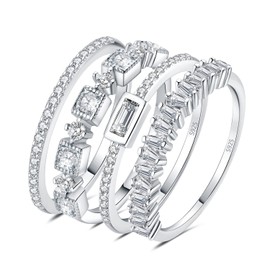 JewelryPalace Princess Emerald Cut CZ Stackable Wedding Ring Eternity Bands for Women, Cubic Zirconia R25 Sterling Silver 14K White Gold Promise Ring for Her, 4pc Anniversary Ring Sets J