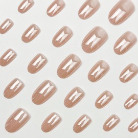 Nude Pink Press on Nails Short Oval False Nails Glossy Aurora Chrome Fake Nails with Designs French Glue on Nails Solid Color Full Cover Stick on Nail Reusable Artificial Nail for Women 24Pcs