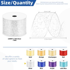 Glarks 1 Roll 2.5 inch x 10 Yards Silver Swirl Glitter Wired Ribbon, Organza with Glitter Swirls Wired Ribbon, Organza Sheer Swirl Ribbon with Metallic Edge for Christmas Tree Decoration Gift Wrapping