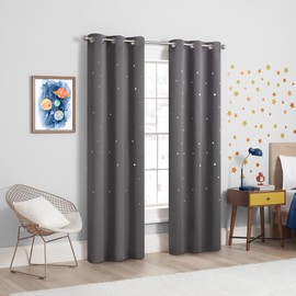 Eclipse Dreamer Star Laser Cut Room Darkening Grommet Window Curtains for Kids Bedroom or Nursery (2 Panels), 34 in x 54 in, Grey