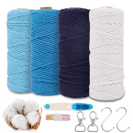 RANJIMA Macrame Yarn 3 mm x 50 m, Macrame Set Colourful Gradient 4, Natural Cotton Yarn with Macrame Accessories for Wall Hangings, Hanging Plant Hangers and Wedding Decorations, DIY Crafts, Blue