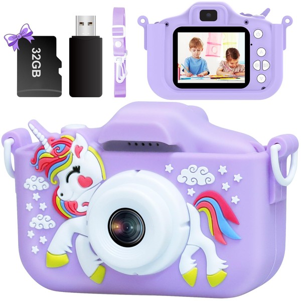 Kids Camera, 1080P Kids Digital Camera with 32GB TF Card,Unicorn Camera Cover/HD Video /5 Educational Games/8x Zoom/46 Photo Frames & Filters,Gifts for Boys Girls Age 3-8 (Purple)