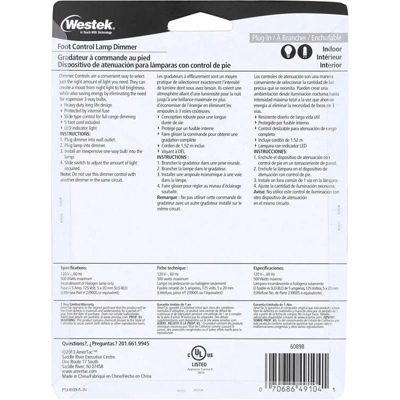 Amertac-Westek Westek 6089B 500W Full Range Foot Control Dimme BLACK