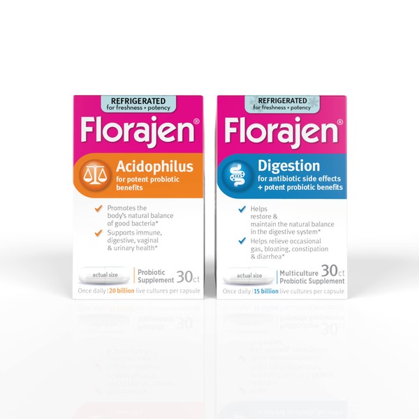 Florajen Probiotics Variety Pack: 30 Capsules Acidophilus Probiotics for Gut & Vaginal Health & Immune Support and 30 Capsules Digestion Probiotics for Constipation & Bloating Relief (60 Capsules)