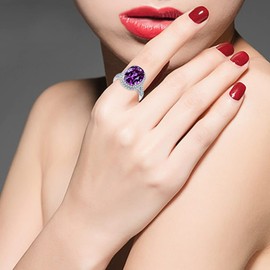 Uloveido Adjustable Silver Color Big Oval Stone Rings Wedding Promise, Purple Cubic Zirconia Crystal Split Shank Ring Birthstone for Women Y927 (Split shank-Purple)