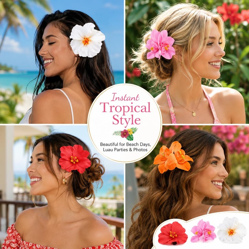 10 Pcs Hawaiian Flower Hair Clips for Women, Artificial Hibiscus