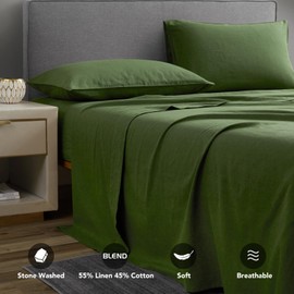 DAPU Linen Sheets Set Solid Color, Soft Breathable Sheets Set 4 PCs, Hypoallergenic French Linen Cotton Blend Bedding for Hot Sleepers(1 Flat Sheet, 1 Fitted Sheet & 2 Pillowcases) Olive Green, King