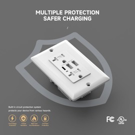 ALASTECH 30W 6Amp USB Wall Outlet, 3-Ports USB C in-Wall Charger with 20A Tamper-Resistant Receptacle, Wallplate Included, UL & FCC Listed, White