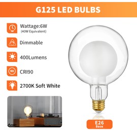 ALAMPEVER Large Globe LED Light Bulbs, Decorative Dimmable LED with 7W Equivalent to 40W Light Bulbs, 2700K Soft White, E26 Base, 400LM, CRI90, G125, Frosted