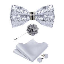 DiBanGu Sequin Bowtie for Men Solid Adjustable Pre-tied Bow Tie & Pocket Square Cufflinks Set for Party Wedding Shiny Bowtie, Grey