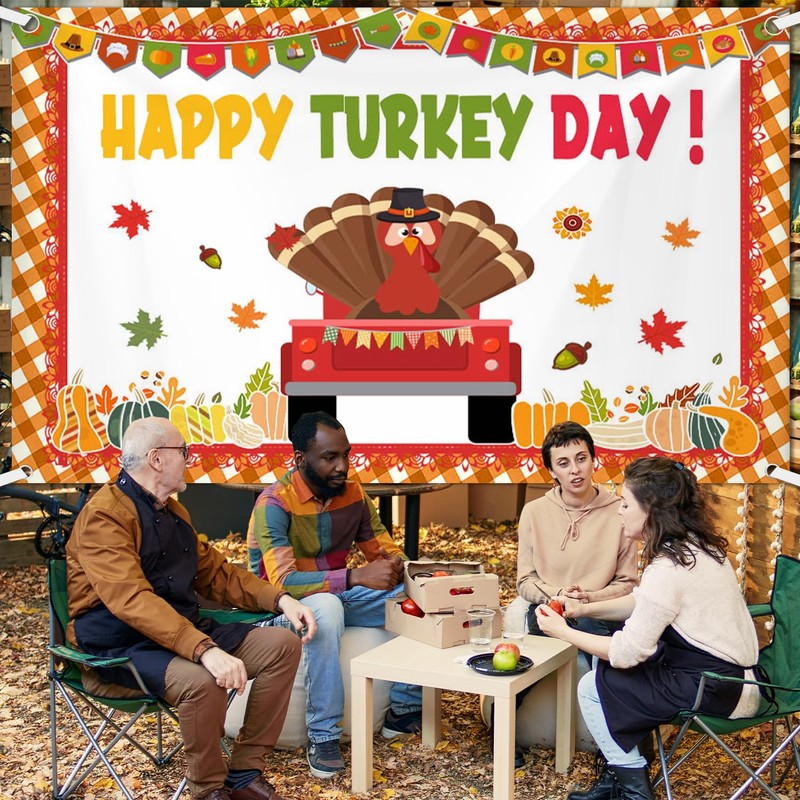AIBIIN 7x5ft Thanksgiving Happy Turkey Day Banner Backdrop Pumpkin Turkey