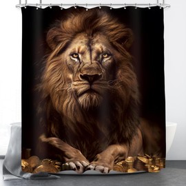 KOMLLEX Lion Shower Curtain for Bathroom Decor 60Wx72H Inches Men Golden Coins King African Masculine Jungle Vintage Wildlife Funny Animal Safari Cool Fabric Waterproof Polyester 12 Pack Hooks