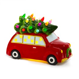 Sunnyglade Ceramic Christmas Tree and Vintage Car Christmas Tabletop Decoration Nostalgic Lighted Ceramic Christmas Tree in Red Car for Indoor Holiday Decoration