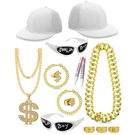 Maiteenly 15 Pcs Rapper Costume Set Hip Hop 80s Rapper Accessories 2000s 90s Outfit for Adults Sunglasses Faux Gold Rope Chain Bracelet Dollar Sign Chain Kanji Ring