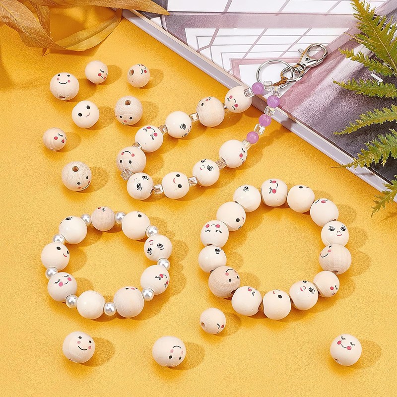 Oenothera 100 Pieces Smiley Face Beads, Wooden Faced Beads, Doll